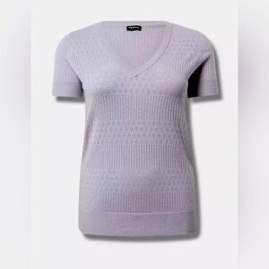Torrid Pointelle Pullover V-neck Short Sleeve Sweater, Lilac, 1X